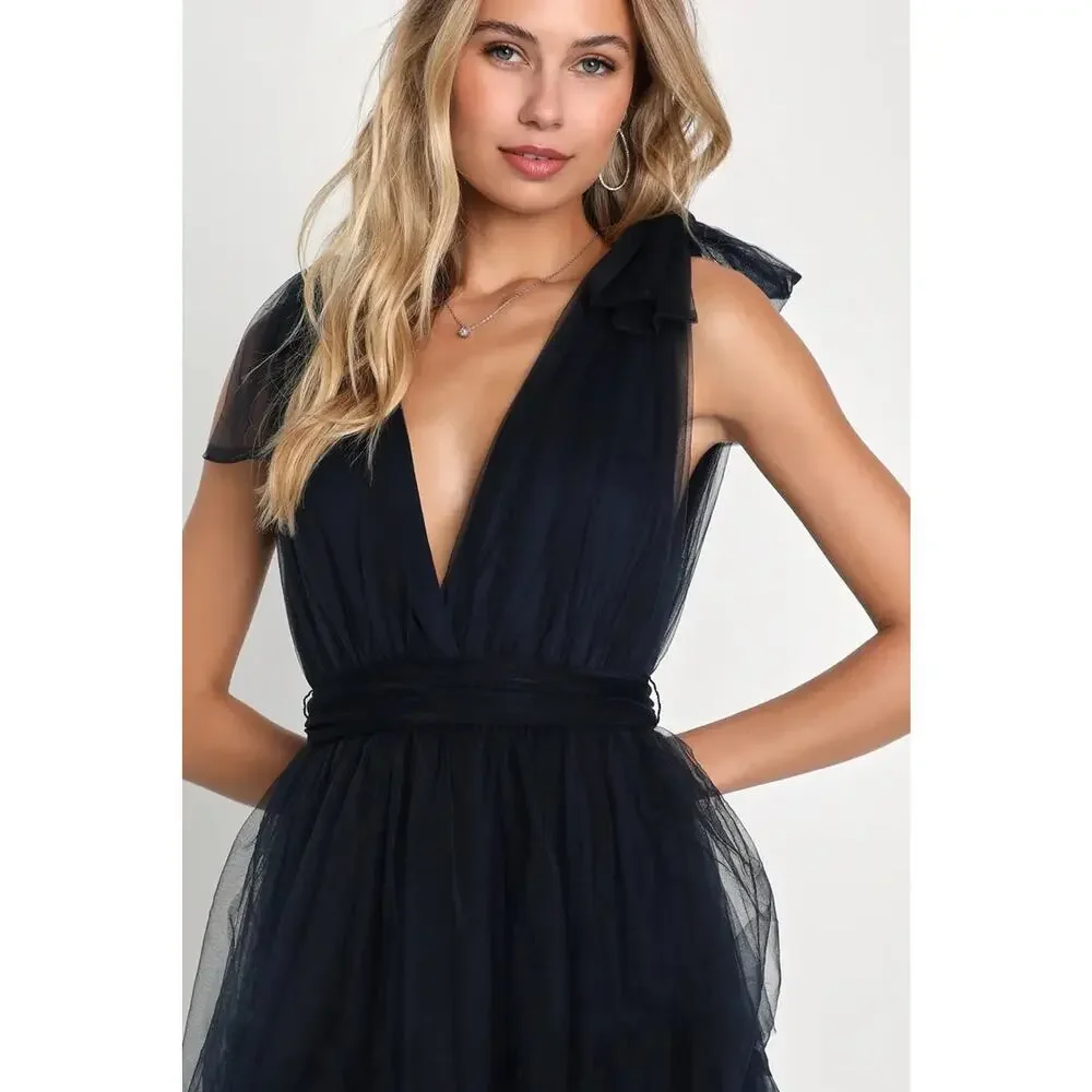 NWT Lulus Flawless Arrival Navy Blue Tulle Tie-Strap Tiered Maxi Dress Size L